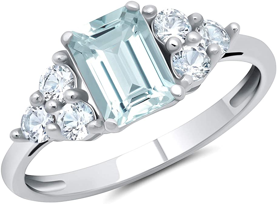 Solid 10K Yellow or White Gold Emerald Cut Aquamarine March Birthstone Ring with Created White Sapphire Accents
