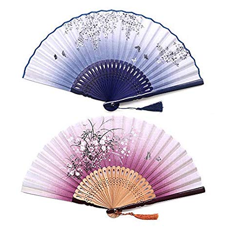 Sunnyac Hand Folding Fan, Japanese Bamboo, Fabric Handheld Fans in Delicate Box, Chinese Vintage Retro Style Handcrafted Fans and Patterns, Great Gift for Women, Girls (Type2)