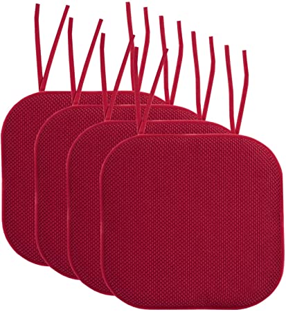 Sweet Home Collection Chair Cushion Memory Foam Pads with Ties Honeycomb Pattern Slip Non Skid Rubber Back Rounded Square 16" x 16" Seat Cover, 4 Pack, Red 4 Count