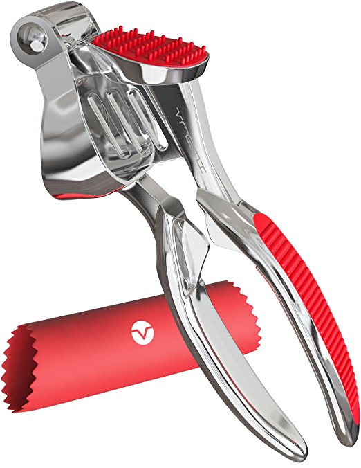 Vremi Garlic Press Kit - Heavy Duty No Peel Garlic and Ginger Presser Set for Professional Chef or Home Kitchen - With Easy Silicone Tube Roller - Peeler Mincer Crusher Tool Without the Smell - Red