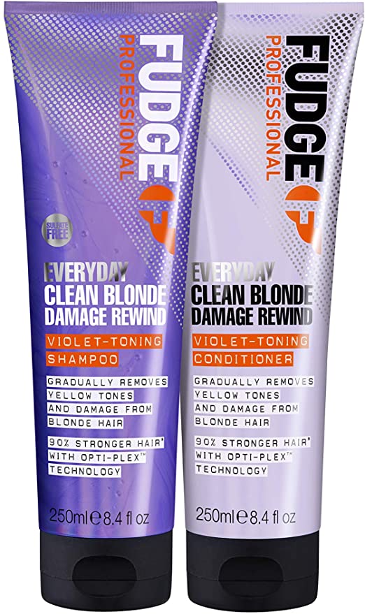 Fudge Professional Everyday Clean Blonde Damage Rewind, Purple Shampoo & Conditioner Haircare Duo, Gradual Toning for Blonde Hair, 250 ml