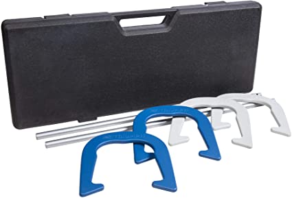 Triumph Sports Premium Forged Horseshoe Set Complete with 4 Horseshoes, 2 Stakes and Hard Plastic Case with Locking Tabs for Transportation and Storage, Blue/White