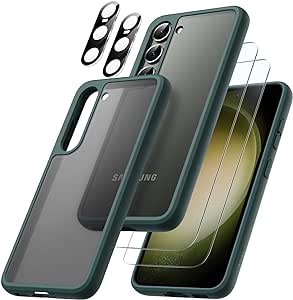 JETech 5 en 1 Coque Mat pour Samsung Galaxy S23 5G 6,1 Pouces avec 2 Verre Trempé et 2 Caméra Arrière Protecteur, Étui Housse Arrière Translucide, Film en Protection Écran (Vert Nuit)