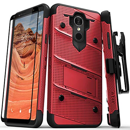 Zizo Bolt Series Compatible with LG Stylo 4 Case Military Grade Drop Tested with Tempered Glass Screen Protector, Holster, Kickstand RED Black