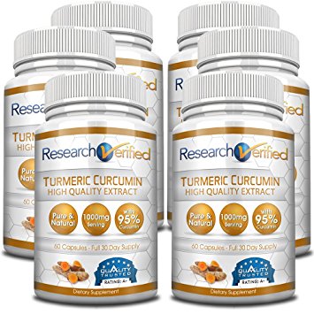 Research Verified Turmeric Curcumin - with BioPerine, 95% Standardized Curcuminoids - Natural Anti-Inflammatory, Antioxidant, Pain Relief and Antidepressant - 6 Bottles (6 Months Supply)