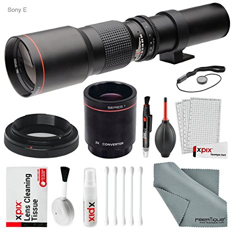 Super-powered 500mm/1000mm f/8.0 Telephoto Lens (Black) with 2X Professional Multiplier for Sony E-Mount Digital Mirrorless Cameras and Deluxe Accessory Bundle with Xpix Cleaning Kit