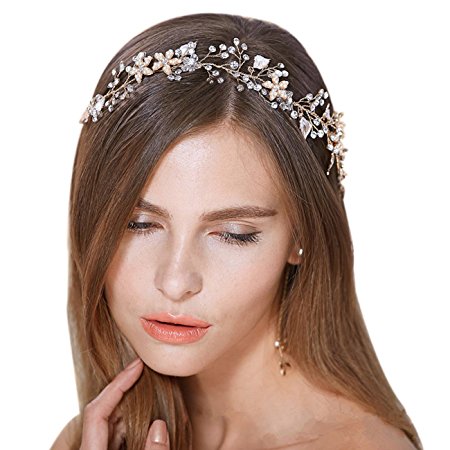 FAYBOX Bridal Vintage Crystal Pearl Hairbands Wedding Hair Accessories (Gold-tone)