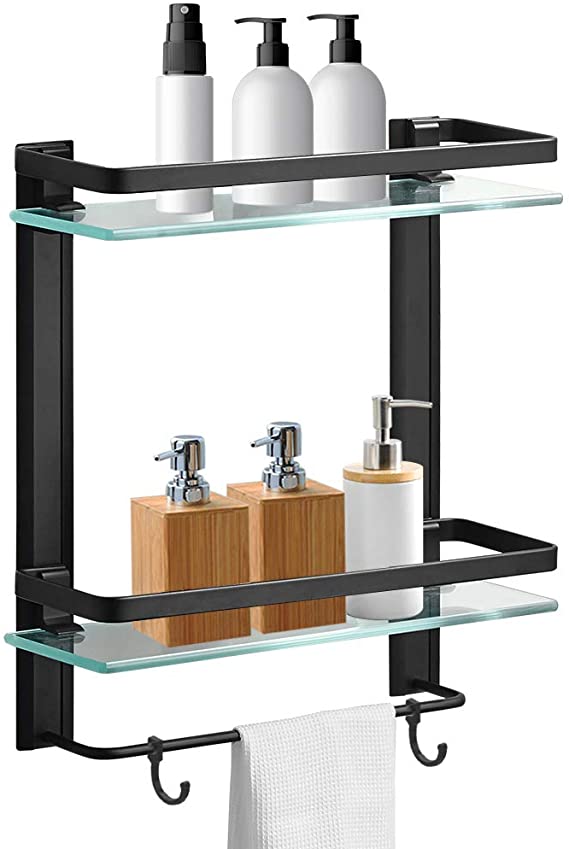 Hoimpro Bathroom Lavatory Glass Shower Shelf, Tempered Glass 2 Tier Shelves with Towel Bar Wall Mounted Shower Storage, Square Style, Heavy Duty Aluminum/Matte Black