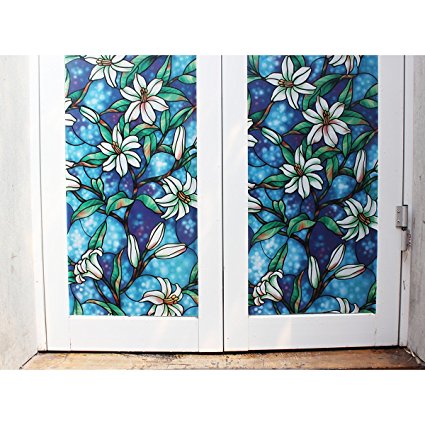 Fancy-fix Vinyl Static Cling Blue Orchid Privacy Stained Glass Decorative Window Film