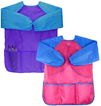 Waterproof Children Art Smock Kids Long Sleeve Art Aprons with 3 Roomy Pockets , Ages 2-6 , Red and Blue (Paints and Brushes not Included)