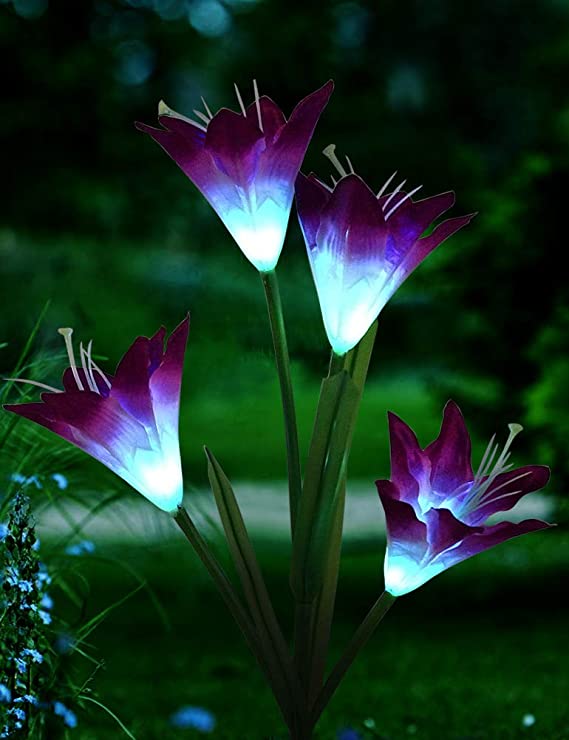 Bright Zeal 1 Bundle 4 Lily Color Changing Solar Lights Outdoor Waterproof - Solar Stake Lights Outdoor Solar Flower Garden Stake Multi-Color Changing Lights -Purple Lilies Garden Solar Powered Lights