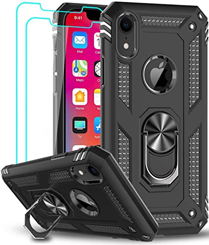 LeYi iPhone XR Case with Tempered Glass Screen Protector [2 Pack], [Military Grade] Defender Protective Phone Case with Magnetic Car Mount Ring Kickstand for iPhone XR 10 10XR, Black