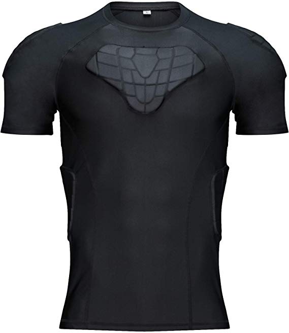 Body Safe Guard Padded Compression Shirt Sports Short Sleeve Protective T-Shirt Shoulder Rib Chest Back Protector Pads Support Shirt for Football Basketball Paintball Rugby Parkour Exercise …