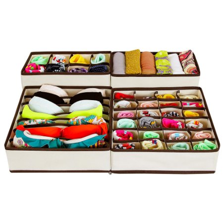 Songmics Foldable Storage Box Bra Underwear Closet Organizer Drawer Divider Kit Set of 4 Beige URUS04M