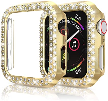 Protector Case Compatible with Apple Watch SE Series 6 5 4 44mm Cover, Double Row Bling Crystal Diamonds Protective Cover PC Plated Bumper Frame Accessories (Gold, 44mm)