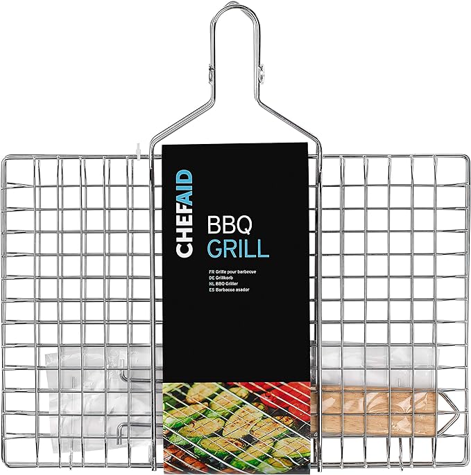 Chef Aid BBQ Griller Basket - The Perfect Grill Companion For Fish, Meat, And Vegetables. Lock In Food With Its Grill Basket Design, Flip With Ease For Even Grilling. Removable And Foldable Handle