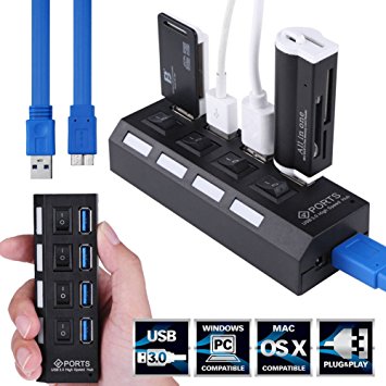USB 3.0 Hub, GYGES 4-Port SuperSpeed USB 3.0 Individual On/Off Switch Hub With 5Gbps Transfer Speed for Apple Macbook/Air, Pro, iPad Laptop, Charging (4Port)