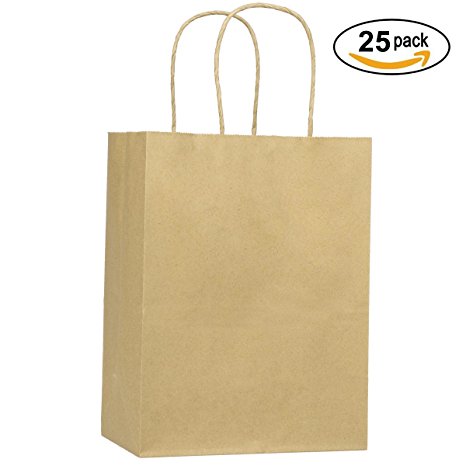 Shopping Bags 8x4.75x10.5" 25Pcs BagDream Gift Bags,Cub, Paper Bags, Kraft Bags, Retail Bags, Brown Paper Bags with Handles 100% Recyclable Paper