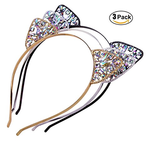 AWAYTR 3PC - Crystal Cat Ears Hair Hoop Headband for Women Girls Cats Ears Hairband Headwear Hair Accessories (Floral)