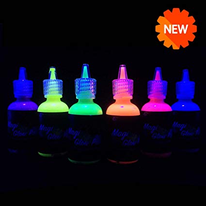 [6 Bottles, 1 oz. Each] UV Body Paint Glow Blacklight Reactive Neon Fluorescent Paint - Safe For Skin - Washable - Non-Toxic - Six Colors Kit