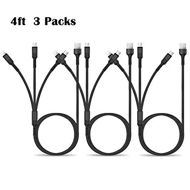 Awaqi 3 Packs 4ft 3 in 1 Charging Cable Multi USB Charger Cable Fast Charger Cord Nylon Braided Type C/Micro USB/L Plug Compatible with All Phones Device XS Max/8 Plu/Galaxy S10 (Black)