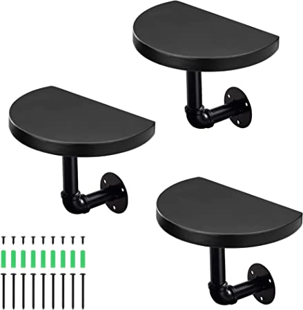 Navaris Industrial Pipe Shelf Set - 3 Small Rounded Wood Shelves with Shelf Brackets - 7.9" x 5.9" Wall-Mounted Wooden Shelving - Size S, Black