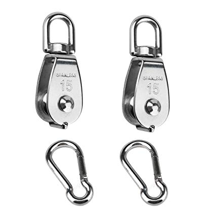 2PCS 304 Stainless Steel Single Pulley Block M15, Wire Rope Crane Pulley Block Hanging Wire Towing Wheel with 2PCS Spring Snap Hook