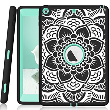 iPad 5 Case A1822/A1823 Hocase High-Impact Shock Absorbent Rubber Hard PC Bumper Dual Layer Protective Case with Mandala Flower Design and Kickstand for iPad 5th Generation 9.7" 2017 - Black / Teal