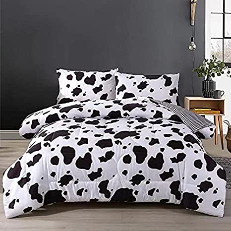 Mengersi Cow Print Bedding Comforter Set Queen Bed,Black and White Reversible Plaid Grid Bedding Sets for Kids Aduls Toddler