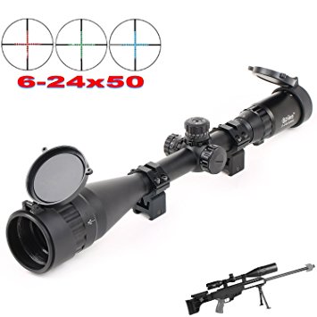 Vokul® Riflescope 6-24x50mm Optics Hunting AOE Red & Green& Blue Mil-dot Reticle Illuminated Crosshair Adjustable Intensified Rifle Scope with Free Mounts and Lens Cover Illuminated Level: 5 Intensity (Red) and 5 Intensity (Green)