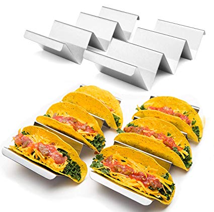 Bekith 4 Pack Taco Holder Stand - Stainless Steel Taco Holder Stand Tray with Handles Up to 3 Tacos Each - Oven Safe for Baking, Dishwasher and Grill Safe
