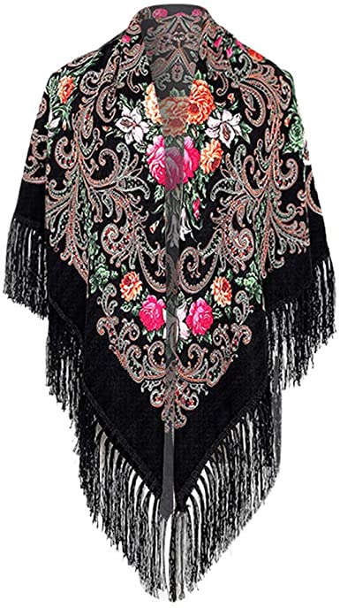aihihe Women Lady Scarfs Wraps Muslim Vintage Floral Embroidery Print Tassel Square Wrap Shawl Travel Scarf Scarves