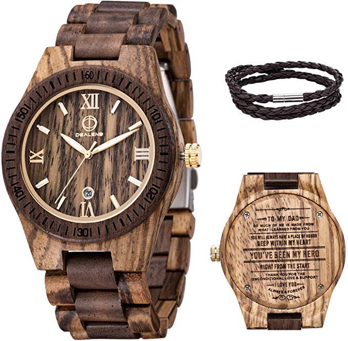 Engraved Watches for Men,Handmade Personalized Engraved Wooden Watch Lightweight Quartz Wood Watch with Date Display Customized Mens Wooden Watches for Dad/Son
