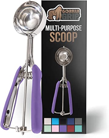 Gorilla Grip Premium Stainless Steel, Spring-Loaded Scoop for Fruit, Cookie and Ice Cream, Easy Squeeze and Clean Release, Comfortable Handle, Large 4 TBSP Scooper Size 16, Uniform Portions, Purple