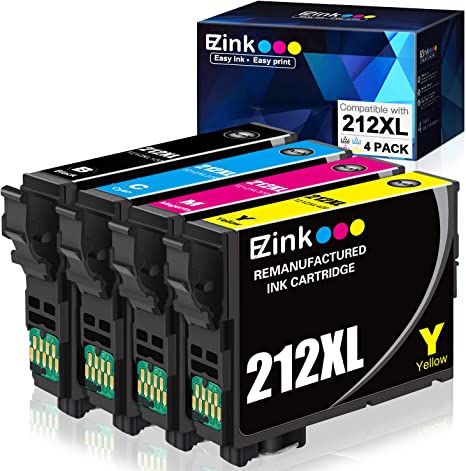 E-Z Ink (TM) Remanufactured Ink Cartridge Replacement for Epson 212XL T212XL 212 XL T212 to use with XP-4100 XP-4105 WF-2830 WF-2850 Printer (1 Black, 1 Cyan, 1 Magenta, 1 Yellow, 4 Pack)