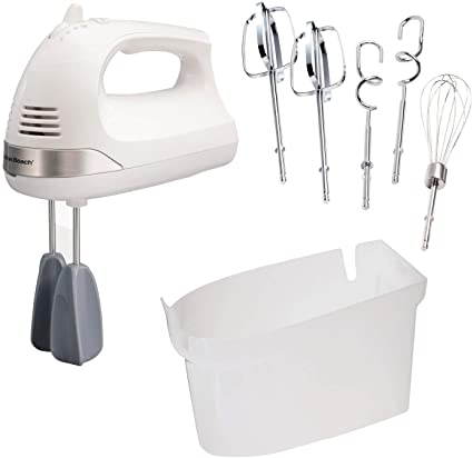 Hamilton Beach 6-Speed Electric Hand Mixer with Easy Clean Beaters, Snap-On Case, 7 Attachments Including Dough Hooks and Whisk, White (62636)