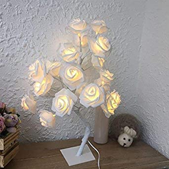 24LEDs Table Lamp Lights 14.4Ft Desk Light Flower Rose Tree Two Mode Powered via USB Port and Battery for Home Decorations Home Decor Whtie Rose Color Lights