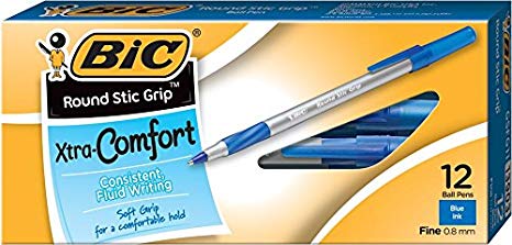 BIC Round Stic Grip Xtra Comfort Ballpoint Pen, Fine Point (0.8mm), Blue, 12-Count