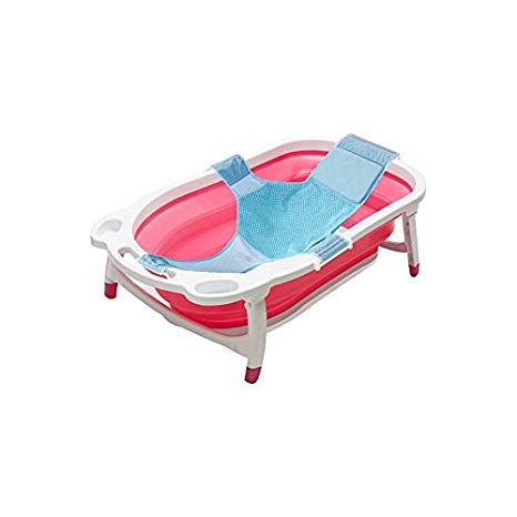 Kidsmile Baby Bathtub Portable Collapsible Bathing Tub with Non-Slip Mat, Foldable Shower Basin with Infant Sling, Comfort Folding Baby Bathtub, Deluxe Newborn to Toddler Tub, Red
