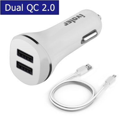 Dual Quick Charge 20Car Charger iVoler 36W 2 Ports Adaptive Fast Turbo USB Car Charger- Dual Turbo Rapid Ports Both Supports QC 20 Included an 20AWG 66FT2M Micro USB CableWhite