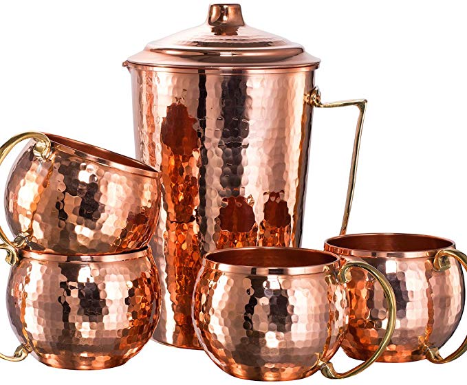 *NEW* CopperBull Heavy Gauge 100% Pure Solid Hammered Copper Moscow Mule Water Serving Set (Pitcher & 4 Mugs)