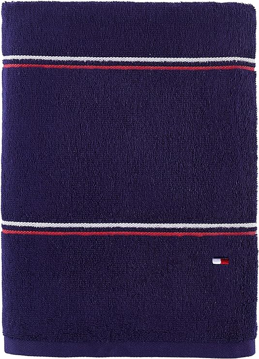 Tommy Hilfiger Modern American Double Stripe Bath Towel, 30 X 54 Inches, 100% Cotton 574 GSM (Peacoat/Red/White)