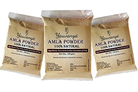 Yauvanya Pure Amla (Indian Gooseberry - super rich in Vitamin C) Powder for Hair and Skin 300 gms - 3 packs of 100 gms each