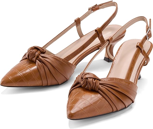 LAICIGO Women's Slingback Kitten Heels Closed Pointed Toe Low Heel Knot Strap Dress Pumps Shoes