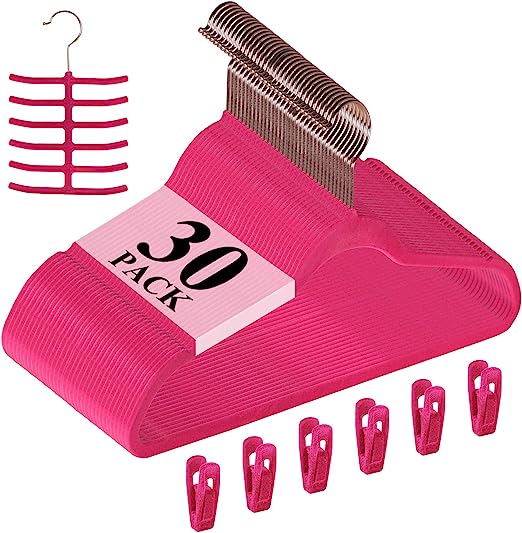 VECELO Premium Velvet Suit Heavy Duty(30 Pack) -Non Slip & Space-Saving Clothes Hangers with 6 Finger Clips & Tie Rack Excellent for Men and Women(Rose)