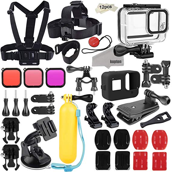 Kupton Accessories Kit Bundle for GoPro Hero 8 Black, Waterproof Housing   Sleeve Case   Filters   Head Chest Strap   Suction Cup Mount   Bike Mount   Floating Grip Accessory Set for Go Pro Hero8