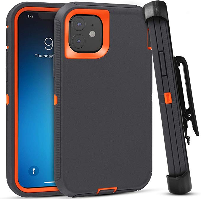 FOGEEK Case for iPhone 11, Heavy Duty Rugged Case, Belt Clip Holster Kickstand Protective Cover [Shockproof] Compatible for iPhone 11 [6.1 Inch] (Dark Grey/Orange)