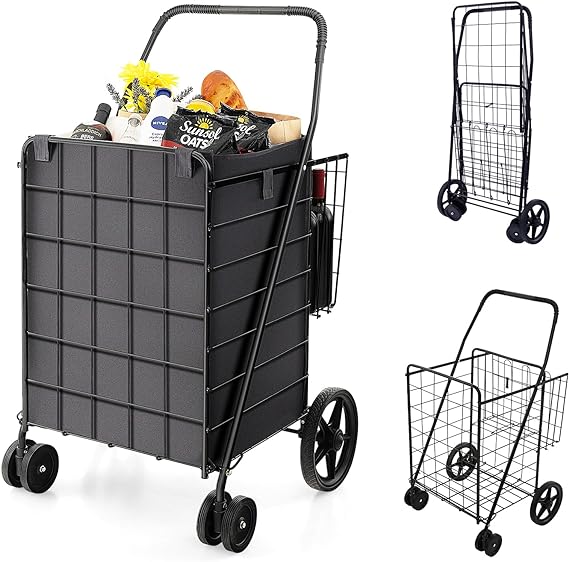 Goplus Folding Shopping Cart for Groceries, Upgraded Jumbo Grocery Cart with Waterproof Liner, 330 LBS Weight Capacity, 360° Rolling Swivel Wheels and Double Basket, Heavy Duty Foldable Utility Cart