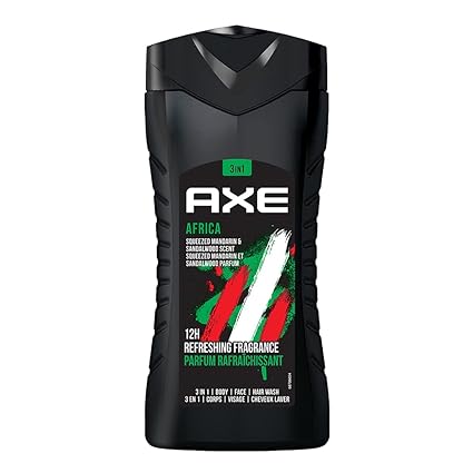 Axe Africa 3 In 1 Body, Face & Hair Wash for Men, Long-Lasting Refreshing Mandarin & Sandalwood Fragrance for Up To 12hrs, Natural Origin Ingredients, Removes Odor & Bacteria, No Parabens, Dermatologically Tested, 250ml