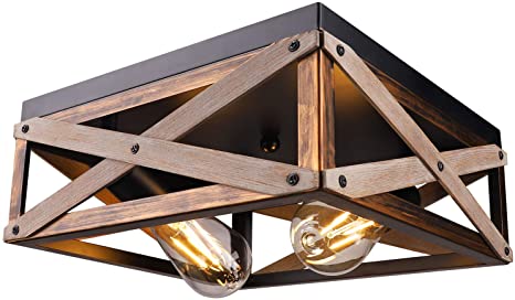 Rustic Flush Mount Ceiling Light Fixture, Farmhouse Light Fixtures Ceiling Two Light Metal and Wood Square Industrial Ceiling Lighting Fixtures for Farmhouse Bedroom Kitchen Balcony Hallway Entryway